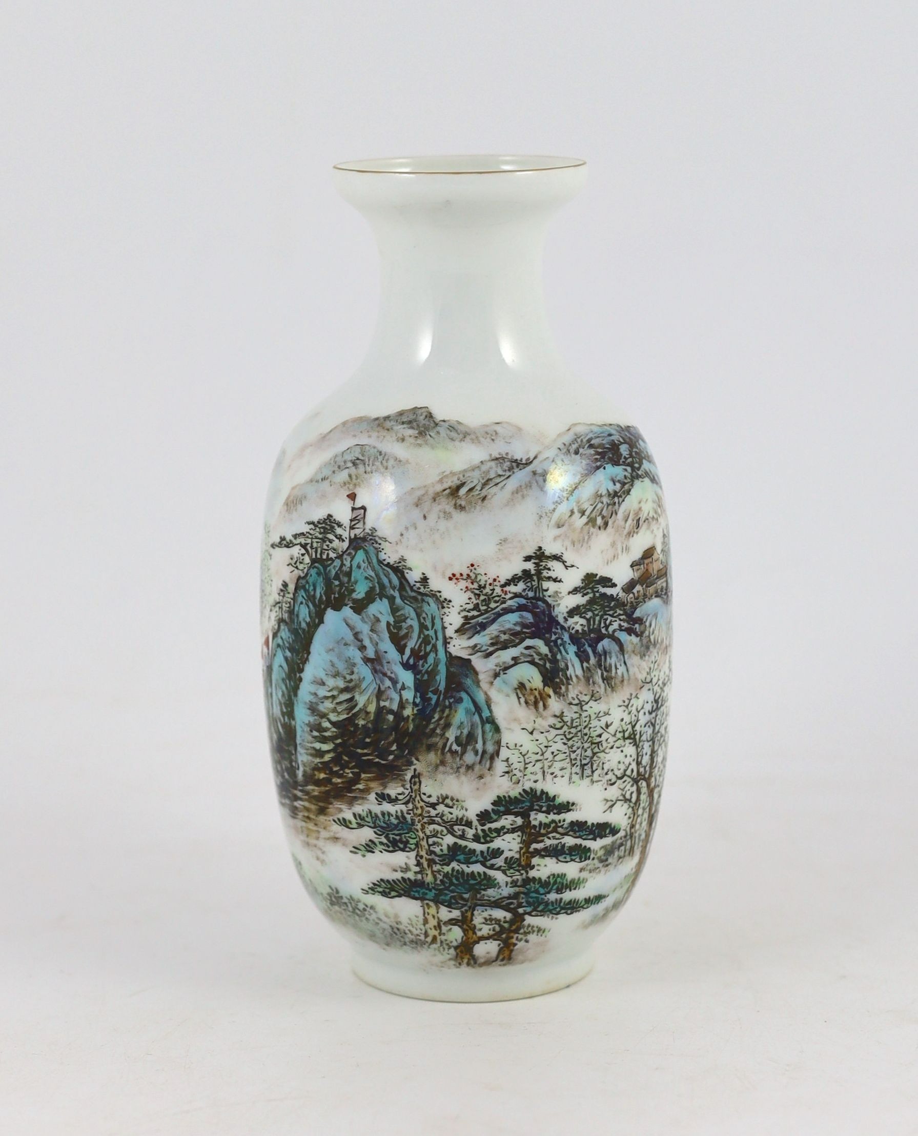 A Chinese landscape baluster vase, circa 1950, 19cms high.